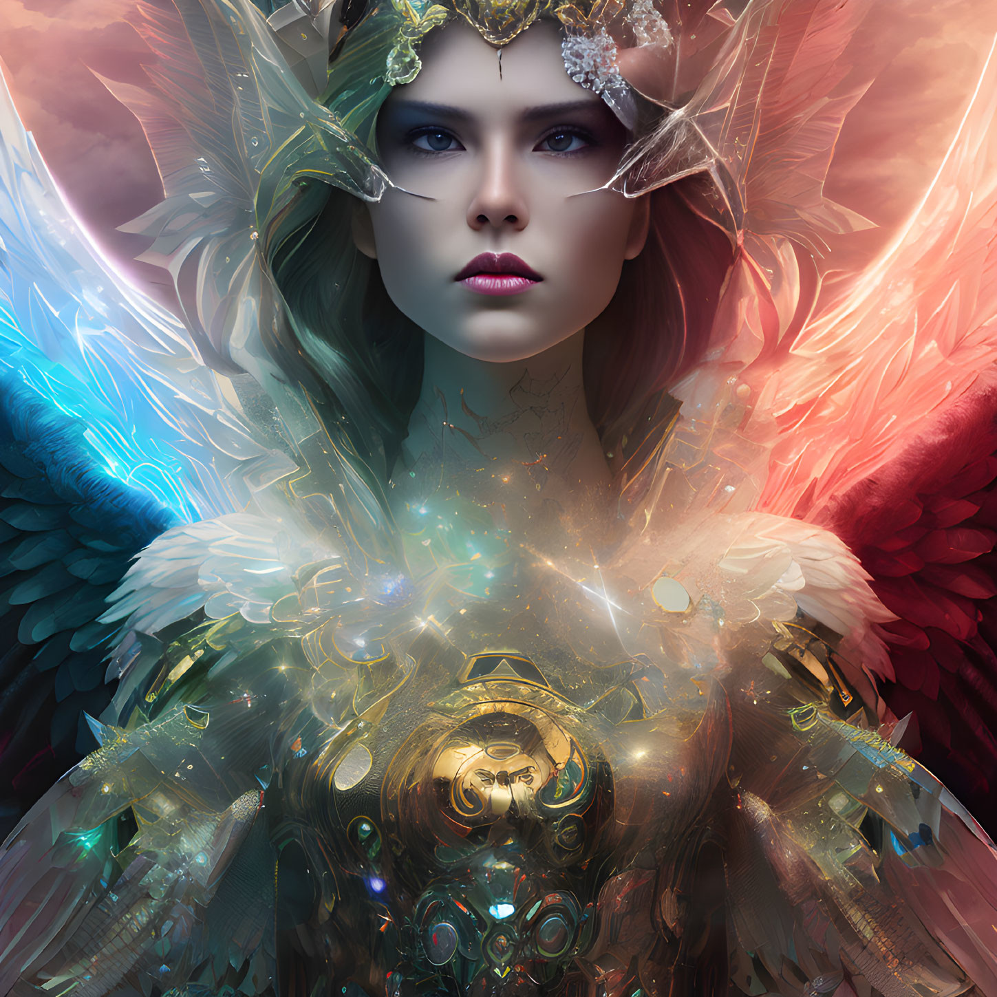 Intricate gold headpiece on fantastical female figure with intense gaze and multi-colored wings.