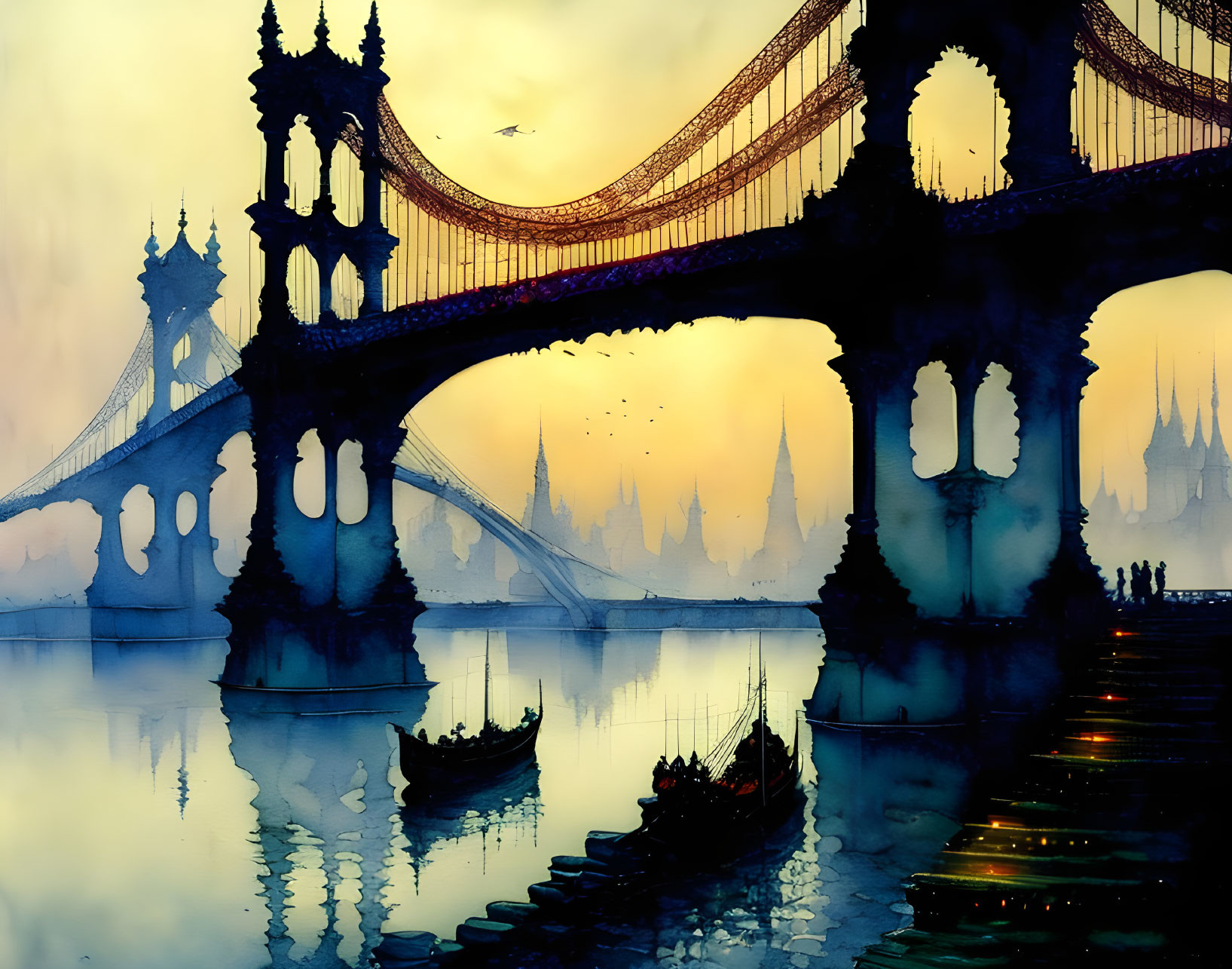 Vivid stylized artwork: suspension bridge, Gothic elements, boats, silhouettes on cobble