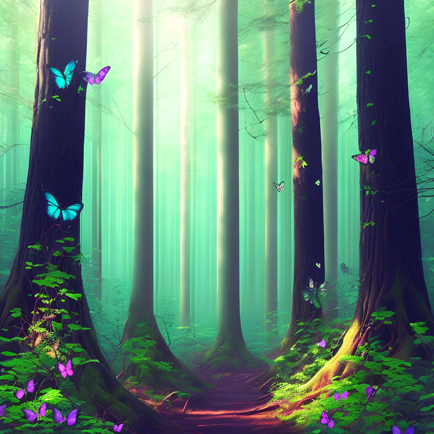 Tranquil forest scene with towering trees, sunlit haze, and vibrant butterflies.