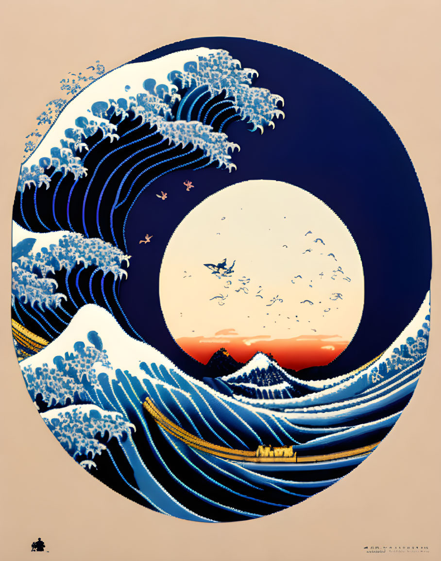 Artistic depiction of stylized sea waves circling a sun, featuring red hues and distant birds.