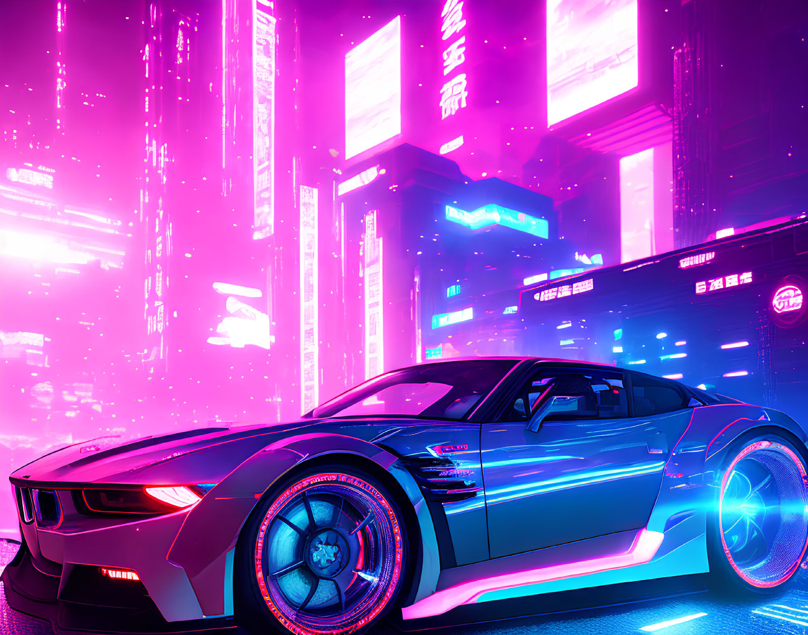 Neon-highlighted sports car in cyberpunk cityscape at night