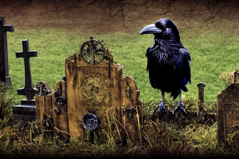 Raven perched in eerie graveyard with ancient tombstones