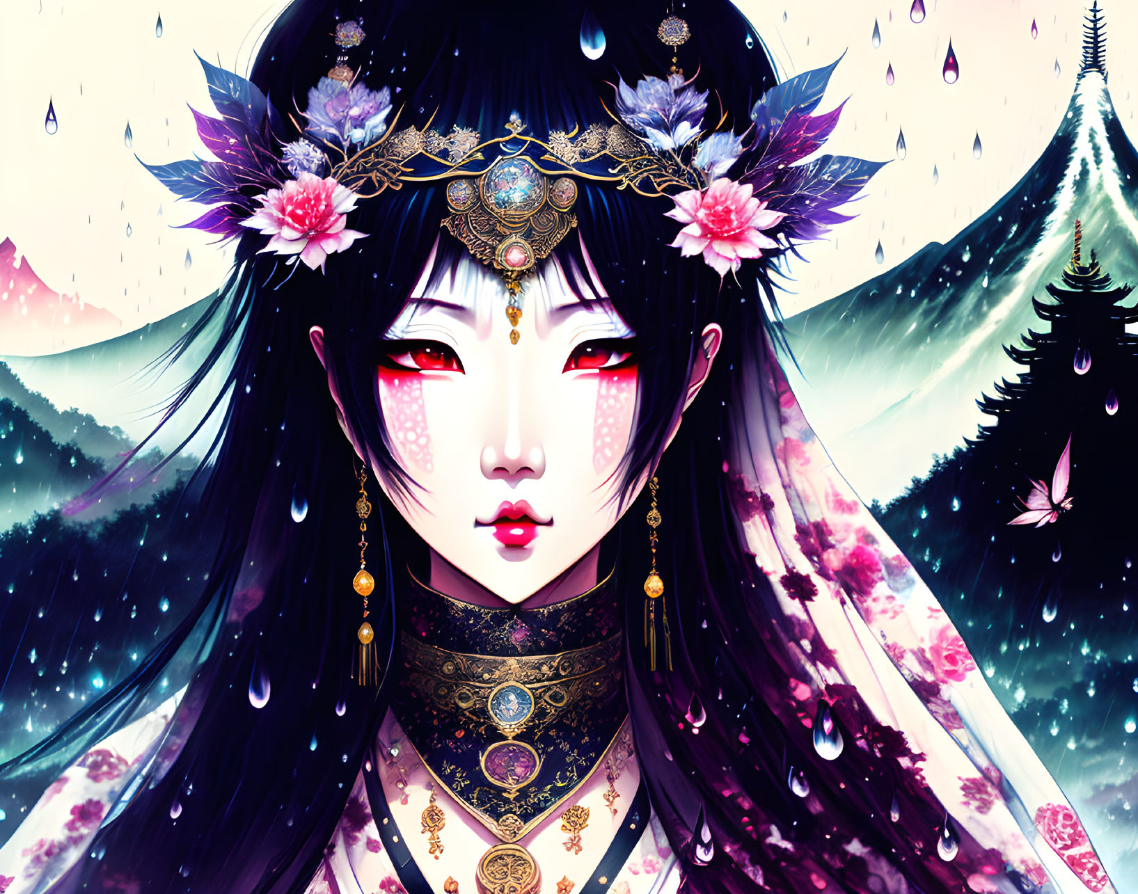 Detailed artwork: Female figure with long black hair, ornate headdress, floral and jewel accents,