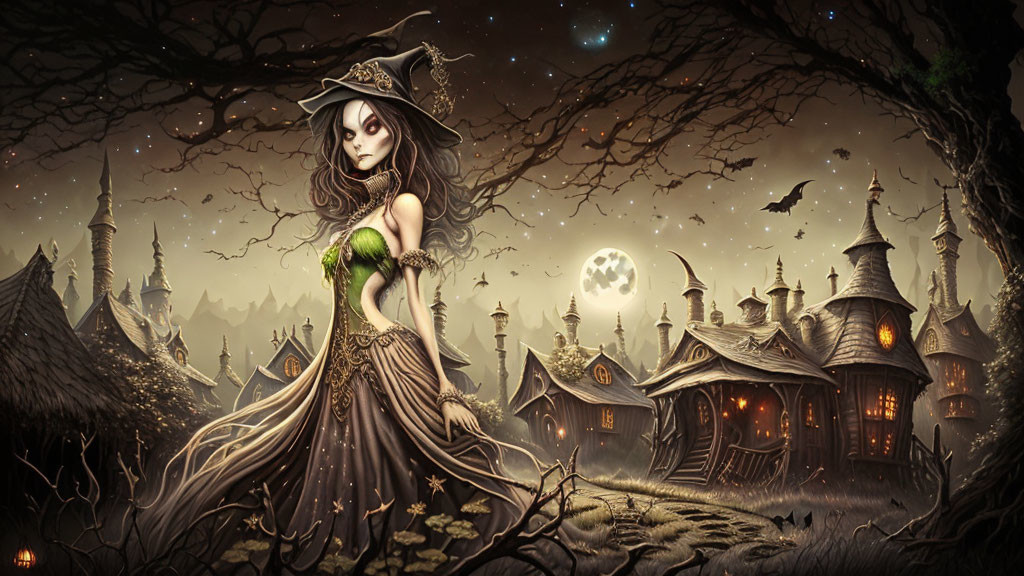 Fantasy witch with green orb in spooky forest with full moon