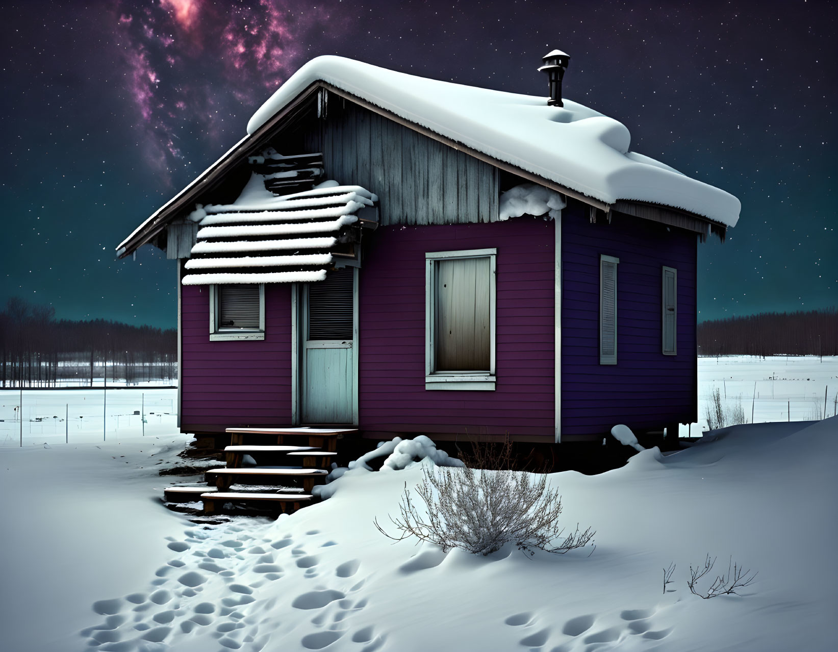 Purple Cabin in Snowy Landscape Under Starry Night Sky