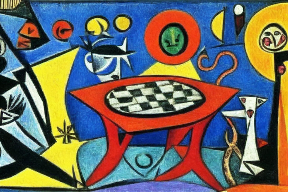 Colorful Abstract Painting of Chessboard on Red Table with Geometric and Curvilinear Shapes