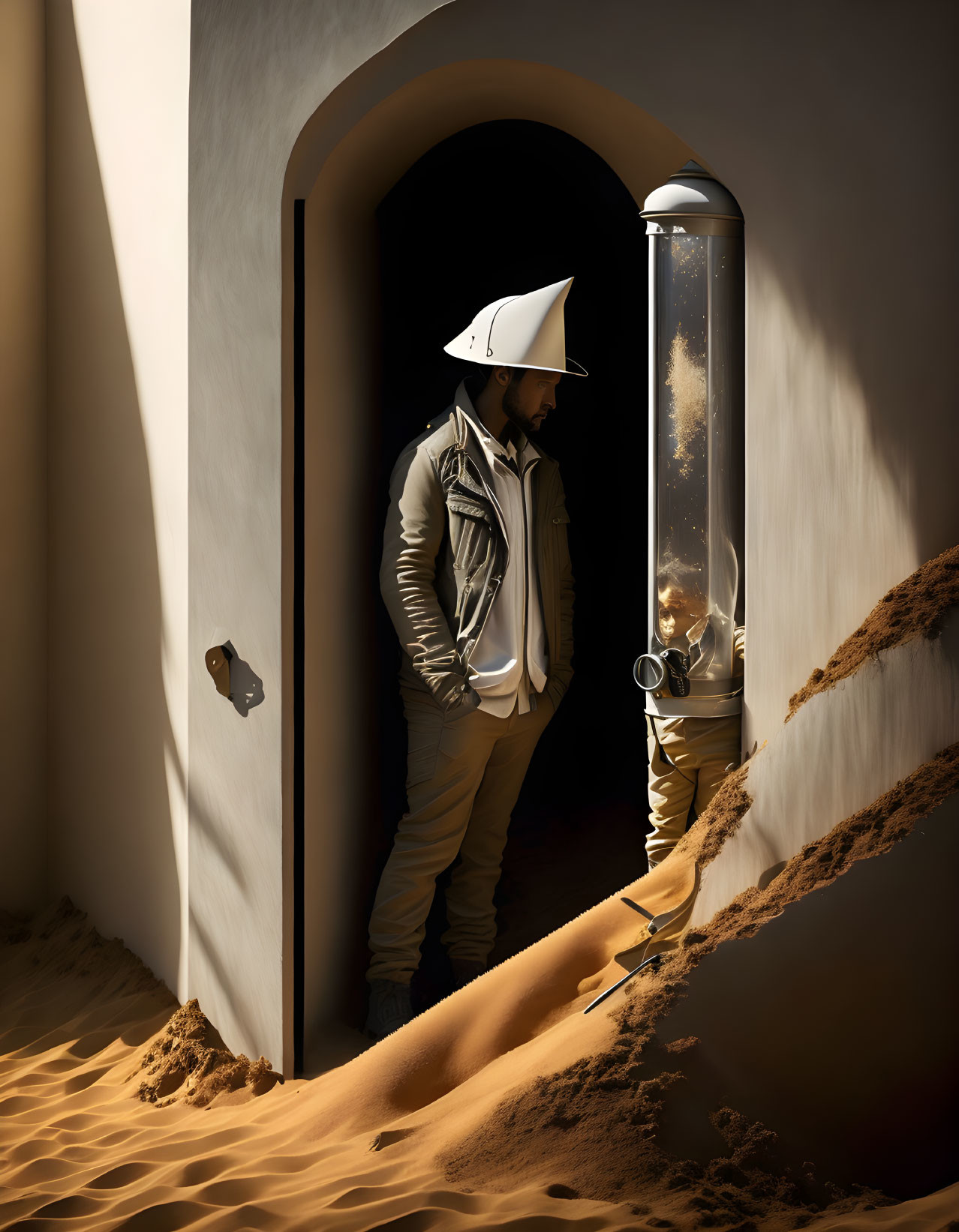 Futuristic man in doorway with sand and desert light