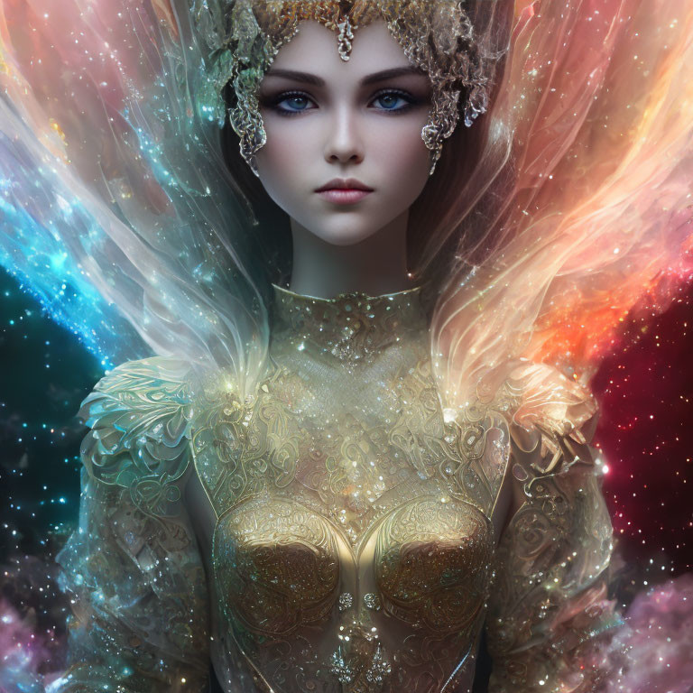 Cosmic-themed multicolored hair woman in gold armor portrait.