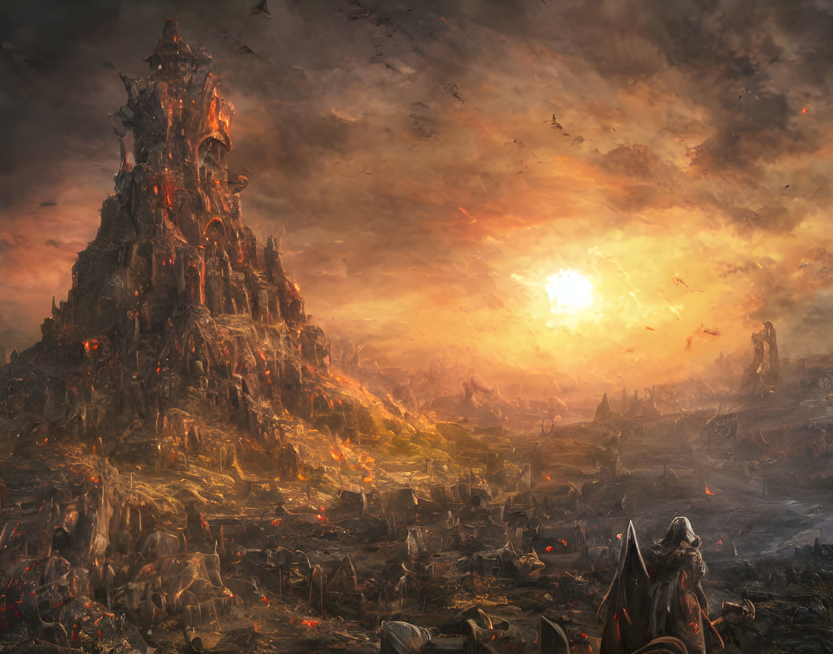 Fantasy landscape with castle, knight, ruins, and dragons at sunset