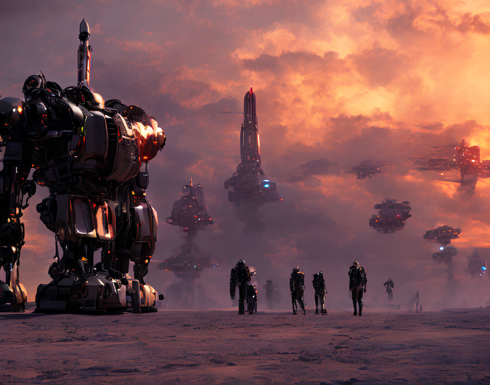 Futuristic landscape with mechs, figures, and towering structures