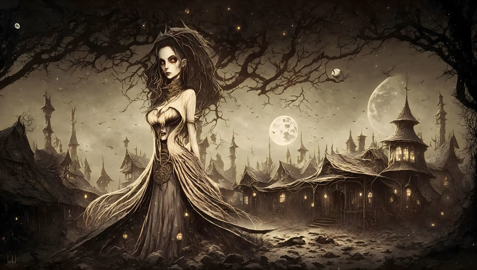 Gothic fantasy scene: pale woman among twisted trees and eerie buildings