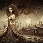 Gothic fantasy scene: pale woman among twisted trees and eerie buildings