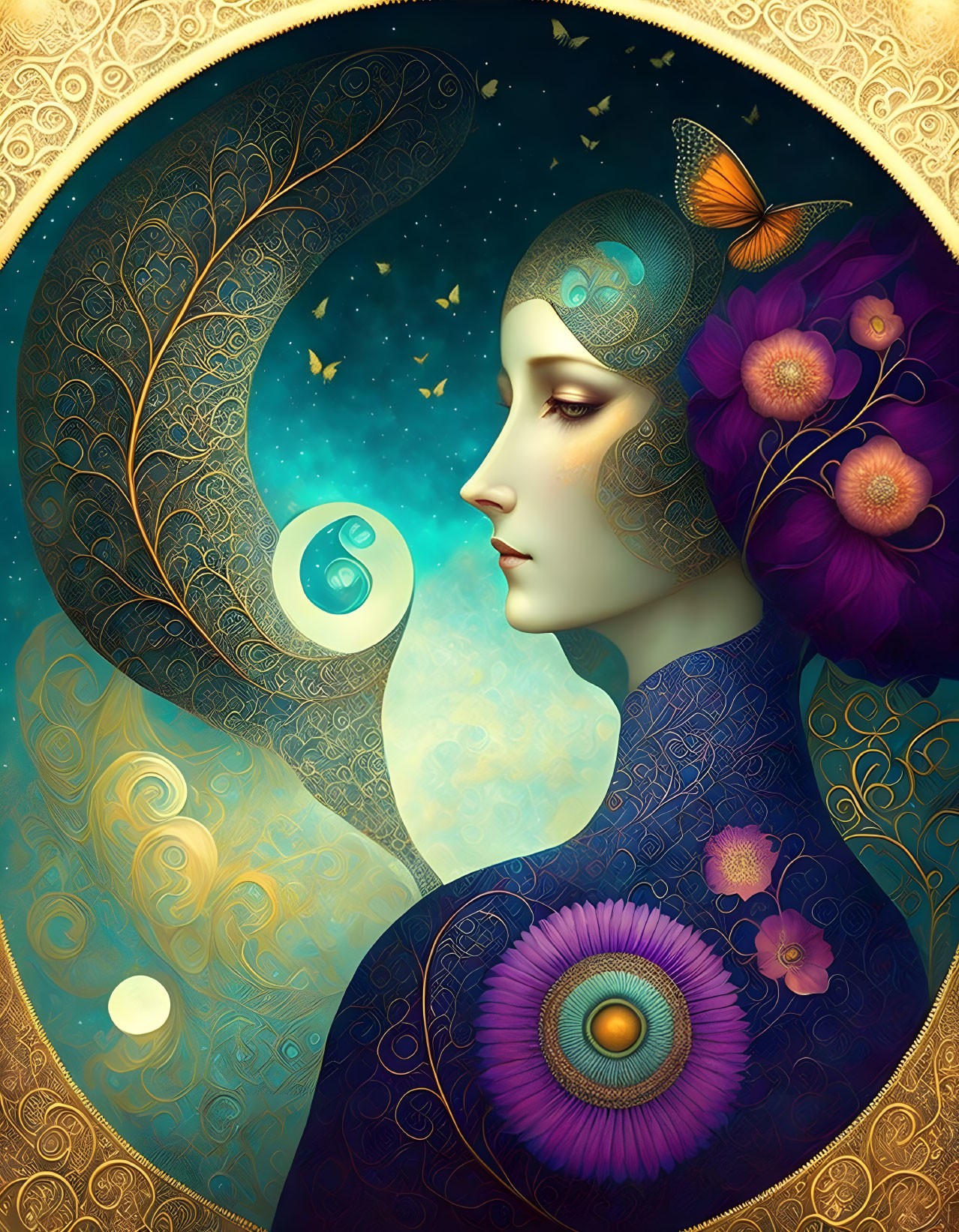 Stylized profile portrait of woman with peacock feathers, flowers, and butterfly on golden backdrop