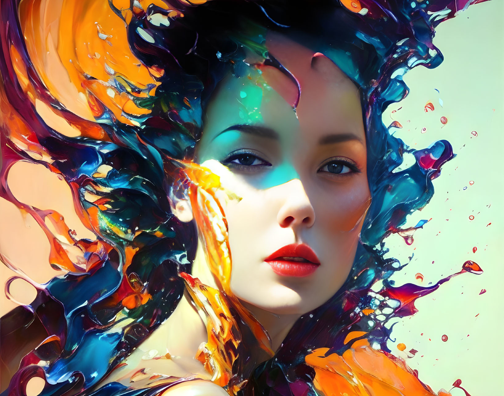 Colorful digital artwork: Woman's face in dynamic paint splashes