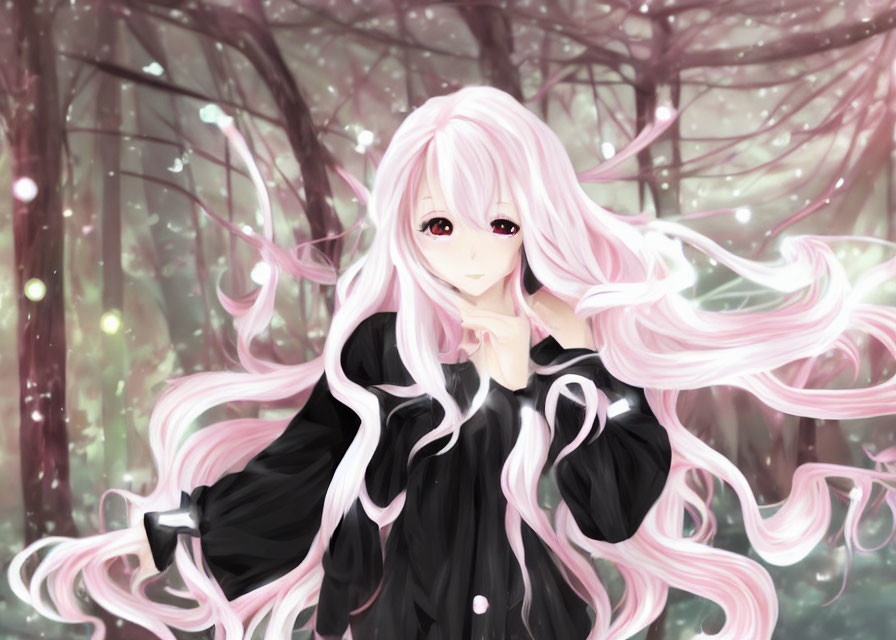 Anime-style character with long pink hair in black outfit in sparkly forest