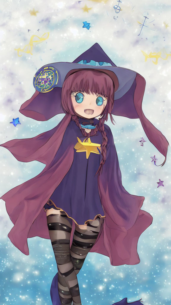 Cheerful young witch in purple robe and hat on starry background
