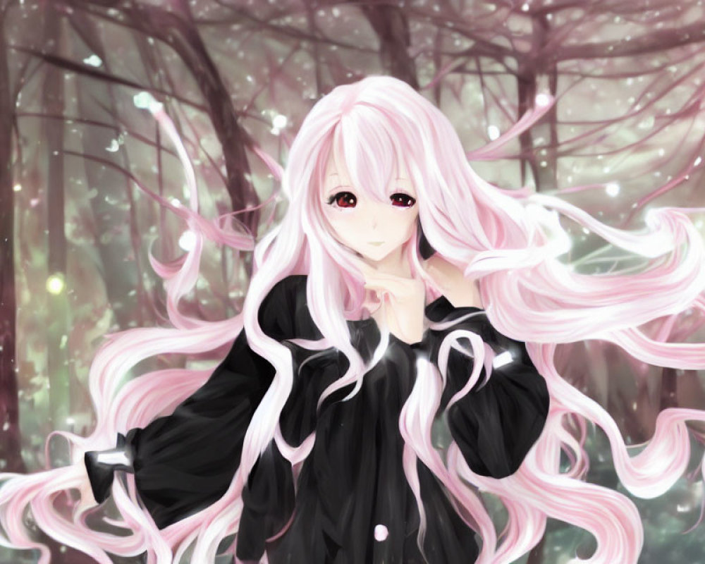 Anime-style character with long pink hair in black outfit in sparkly forest