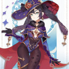Cheerful young witch in purple robe and hat on starry background