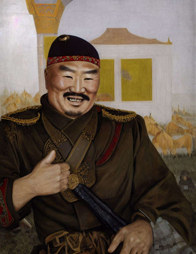 Traditional Mongolian man in attire with scabbard, smiling, yurts and horses background