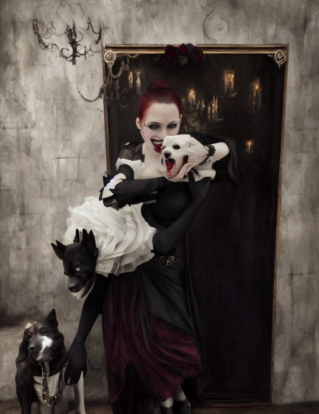 Red-haired woman in gothic makeup with two dogs against vintage backdrop