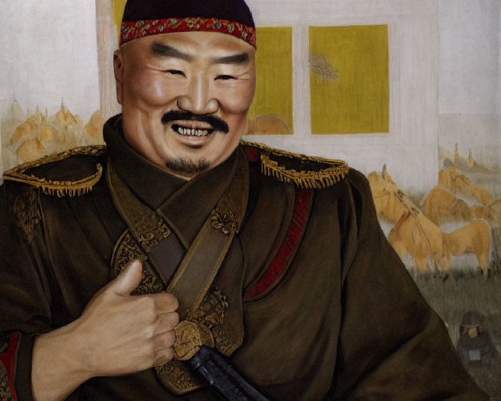 Traditional Mongolian man in attire with scabbard, smiling, yurts and horses background