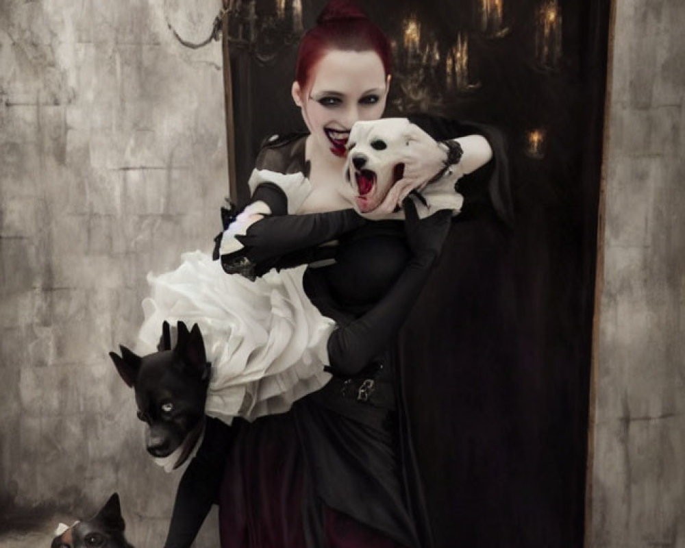 Red-haired woman in gothic makeup with two dogs against vintage backdrop