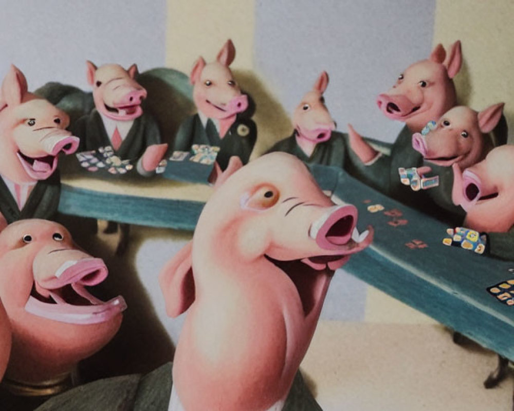 Anthropomorphic pigs playing poker in different outfits