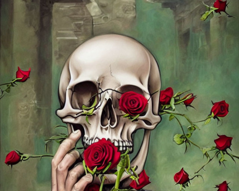 Surreal Artwork: Person with Skull Head Holding Red Rose