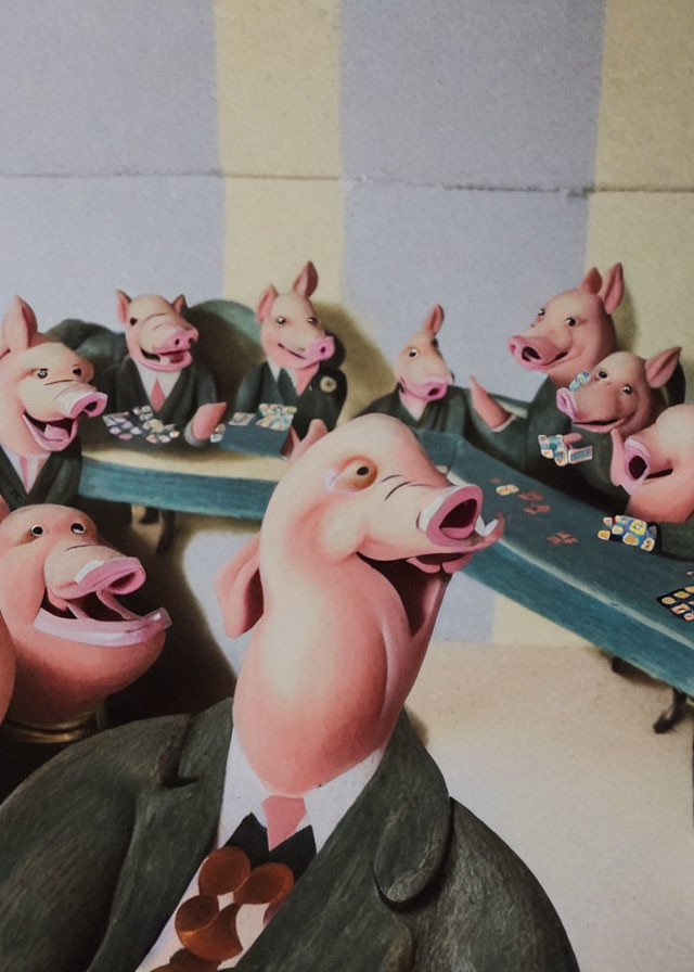 Anthropomorphic pigs playing poker in different outfits