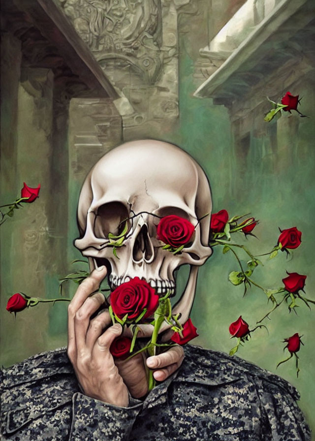 Surreal Artwork: Person with Skull Head Holding Red Rose