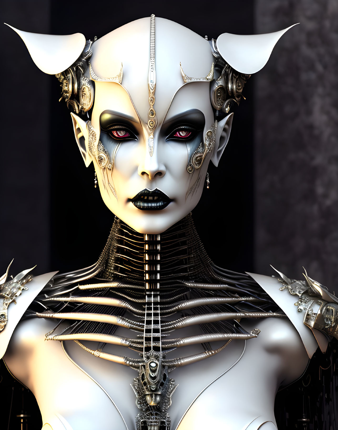 Futuristic female entity with metallic jewelry and red eyes