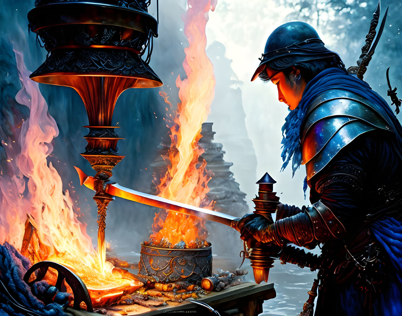 Knight in armor forging glowing sword in fiery anvil among mystical flames.