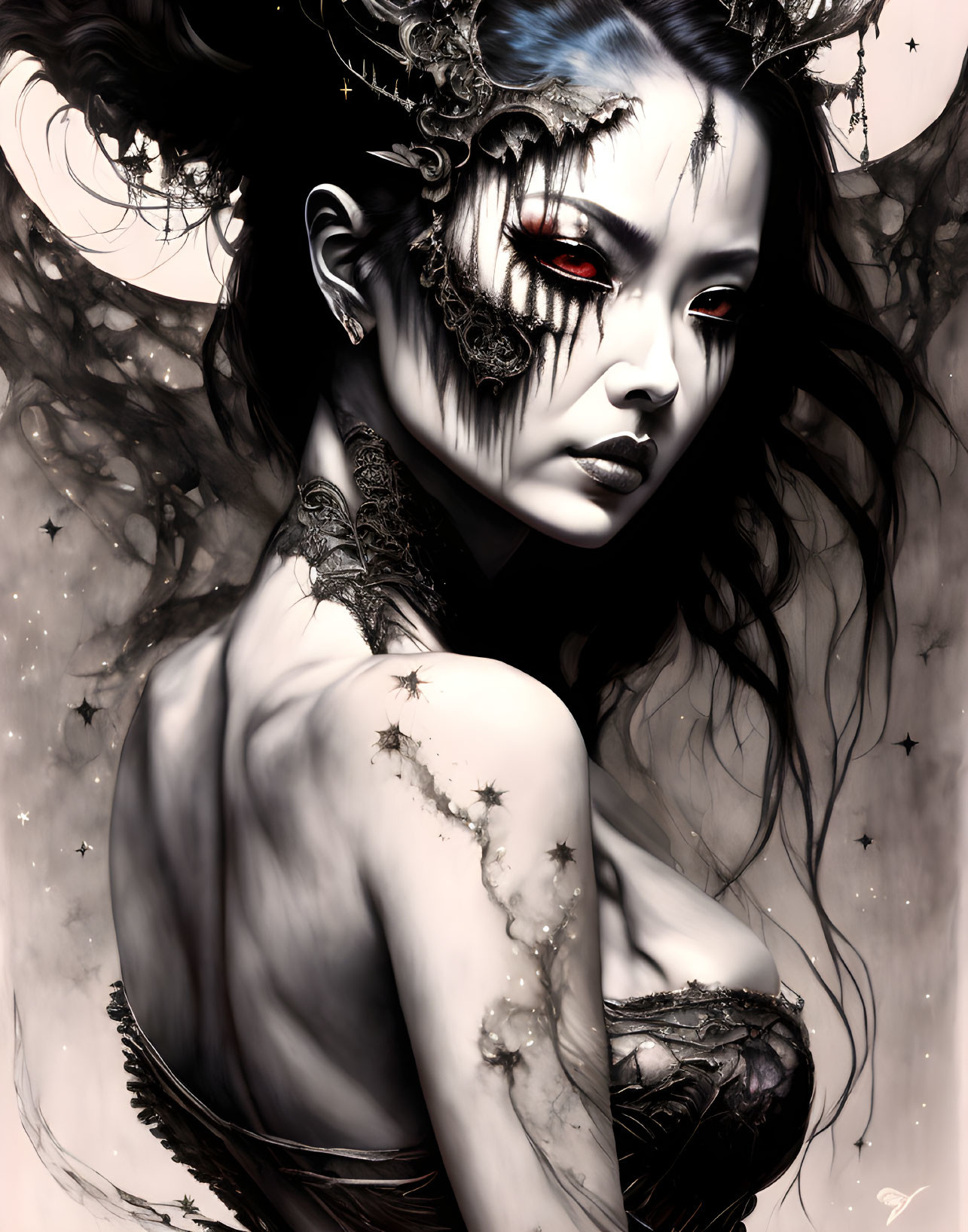 Gothic-style artwork of a woman with black hair and red eyes