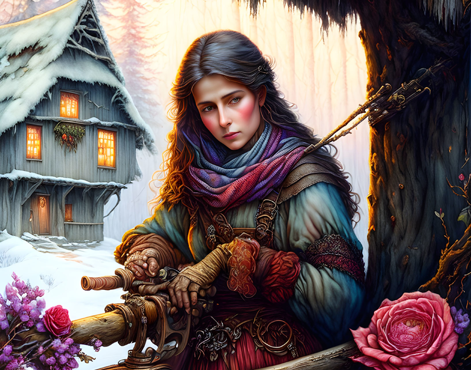 Digital painting of woman in medieval attire with staff, snowy cabin, and flowers.