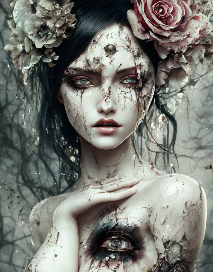 Gothic fantasy image of pale woman with dark hair and haunting eyes