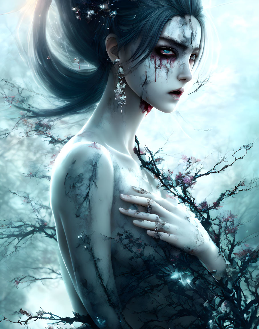 Mystical woman with pale skin, blue eyes, and dark hair in foggy setting