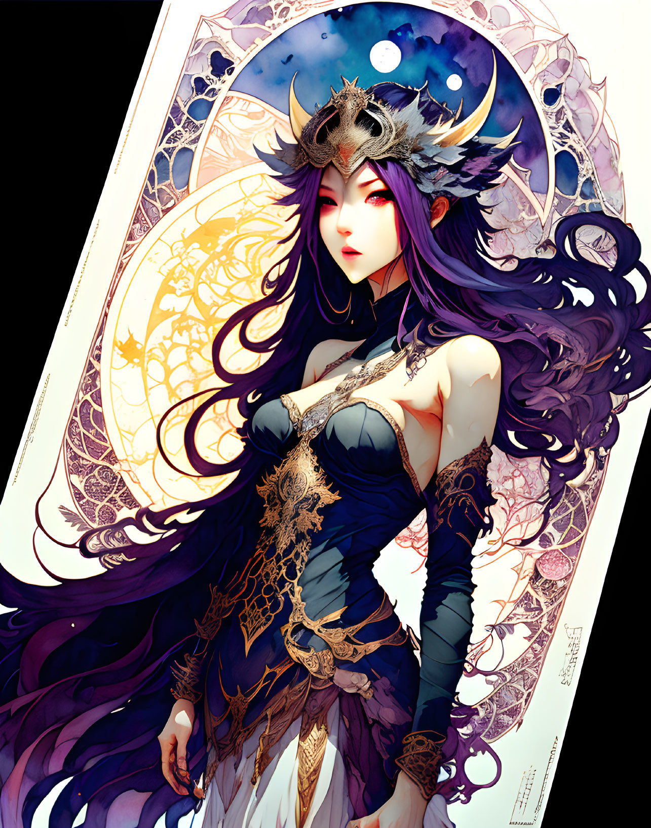 Illustration of female figure with purple hair, gold-accented gown, crescent moon crown,