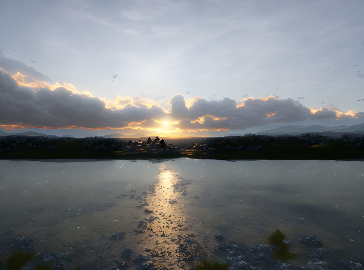 Tranquil sunset scene over lake with mountains and birds