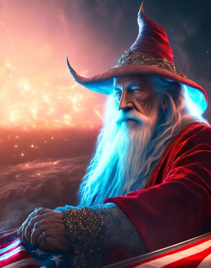 Bearded wizard in red hat against cloudy sky