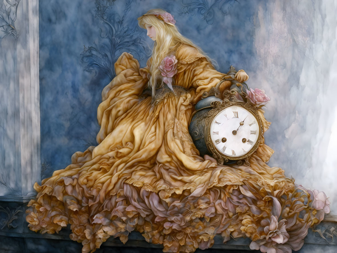 Woman in golden gown with pocket watch and roses on blue background