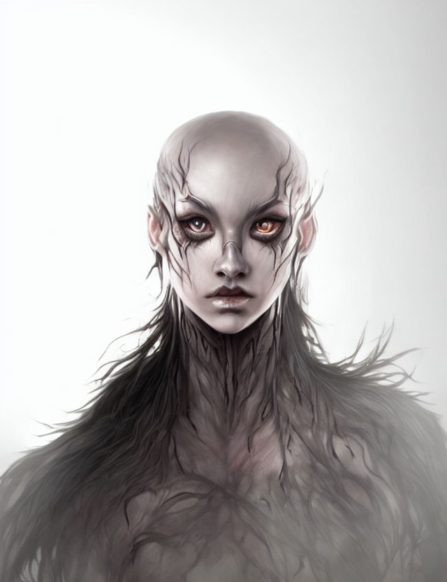 Illustration of pale-skinned mystical creature with orange eyes and feathered neckline