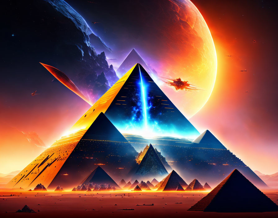 Futuristic pyramids under cosmic sky with planets, stars, spacecraft in desert with orange and blue