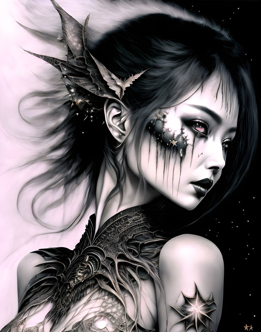 Monochrome fantasy portrait of a woman with dark hair and celestial makeup.