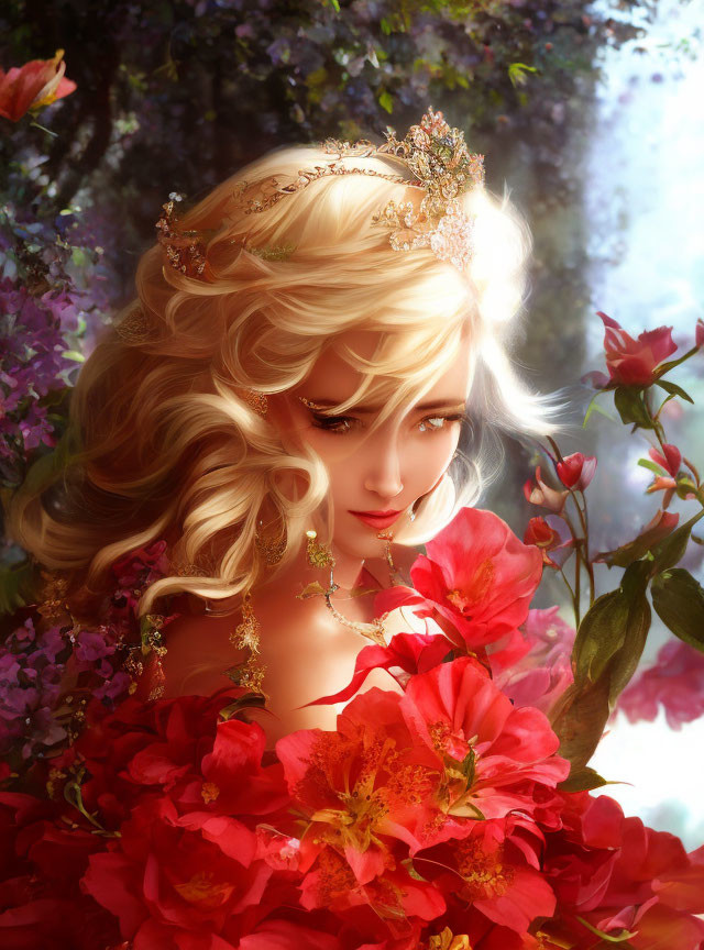 Illustrated portrait of woman with golden wavy hair, crown, red flowers, lush background