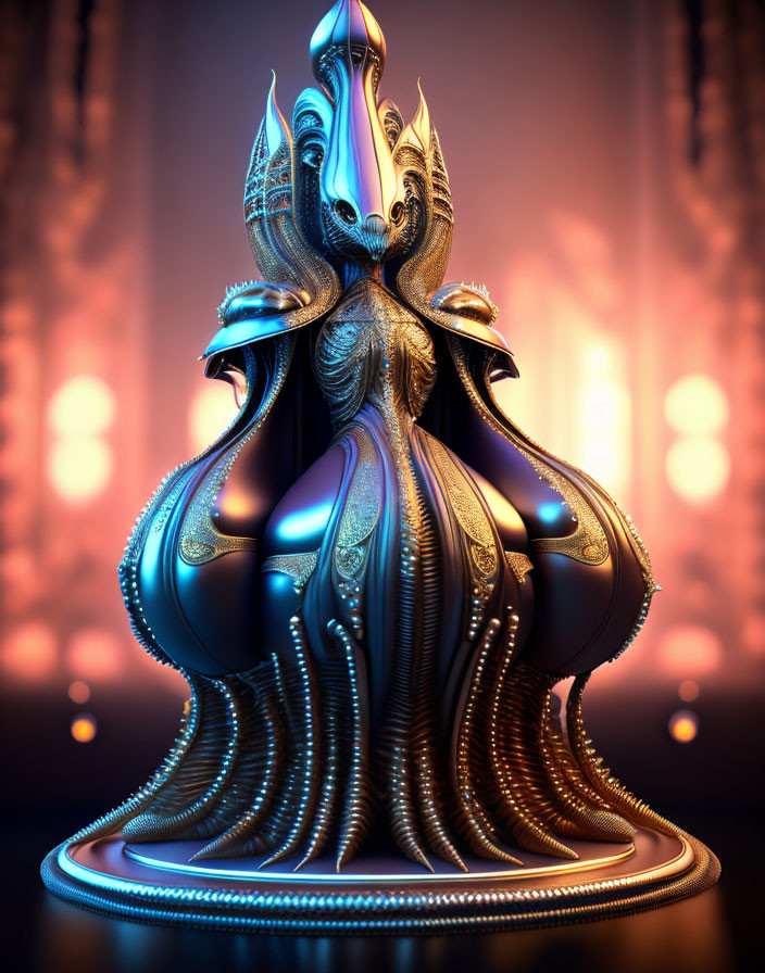 Intricate black and metallic chess piece on glowing orange background