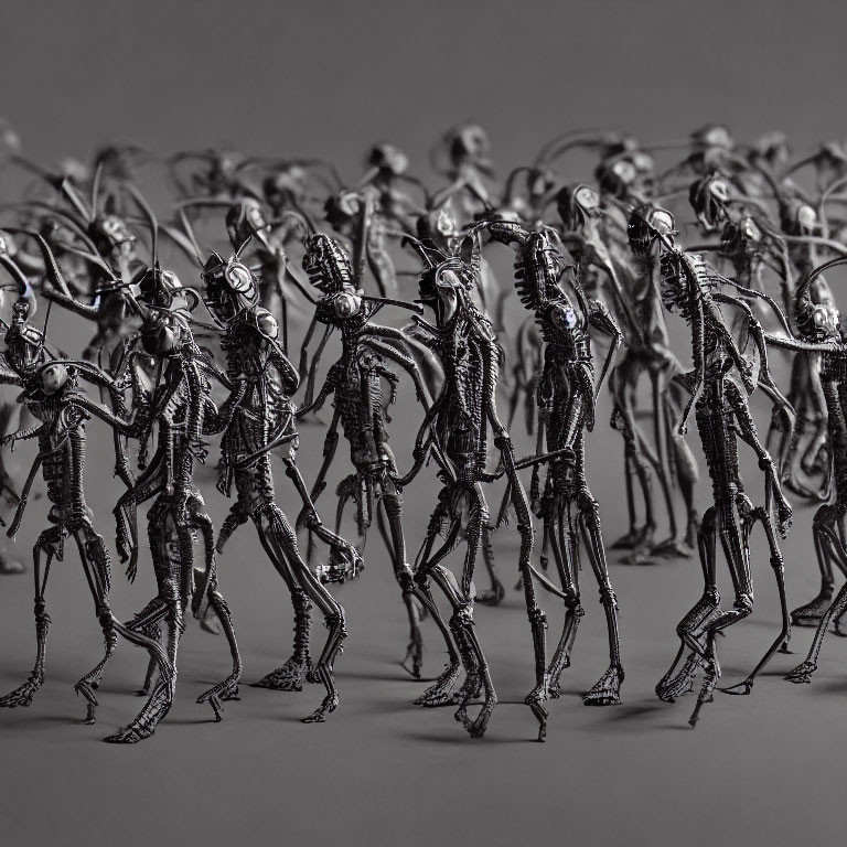 Intricate metallic humanoid sculptures with slender bodies and elongated limbs against grey background