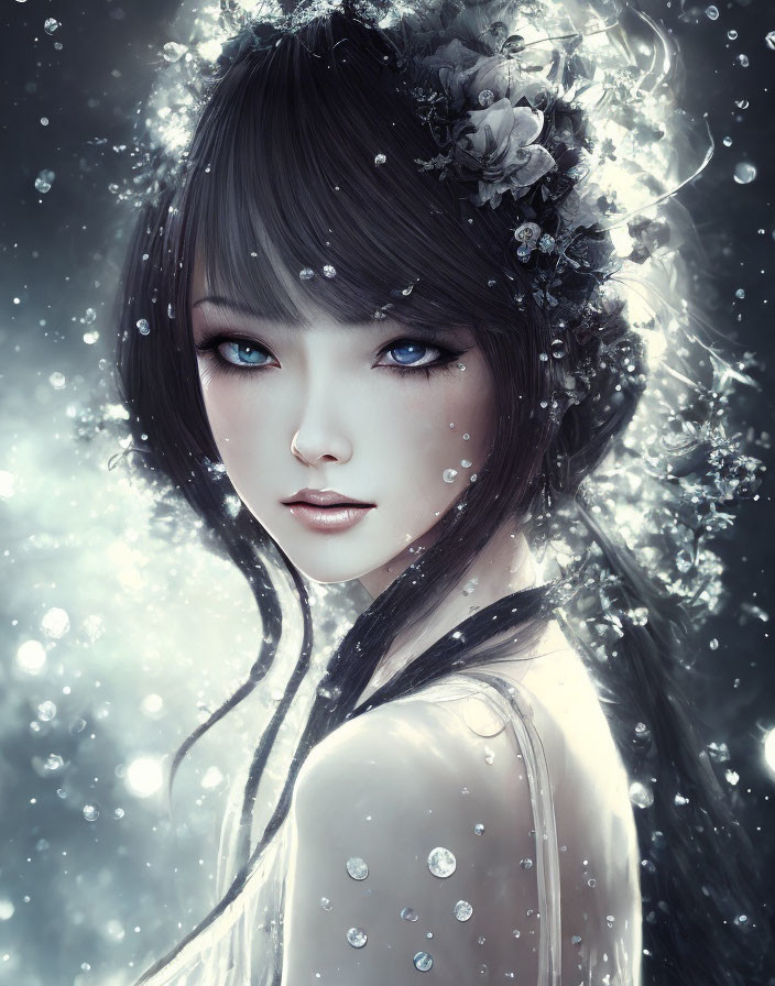 Fantasy female character digital art with blue eyes and floral adornments