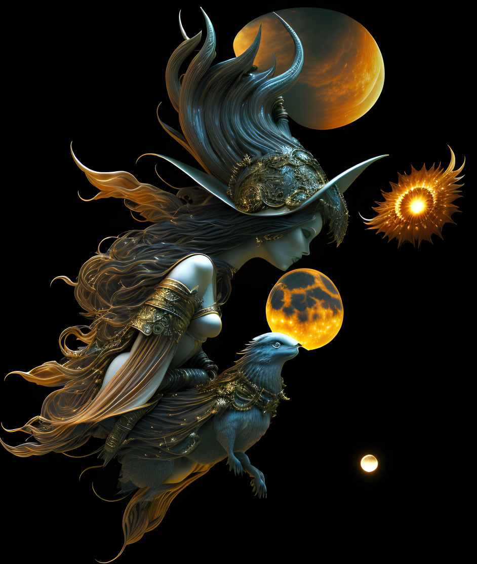 Elaborate female figure with raven in cosmic setting