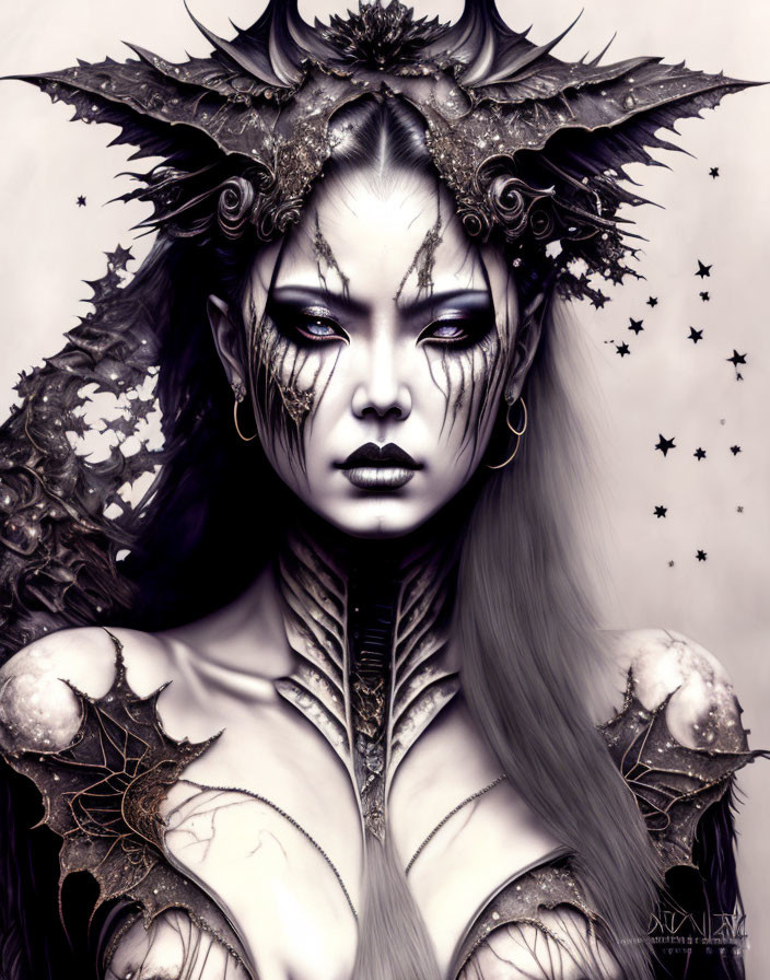 Monochromatic fantasy portrait of woman with dark headdress and gothic makeup