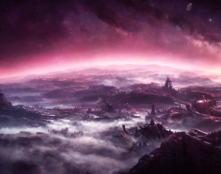 Surreal landscape with purple skies, stars, mist-covered valleys